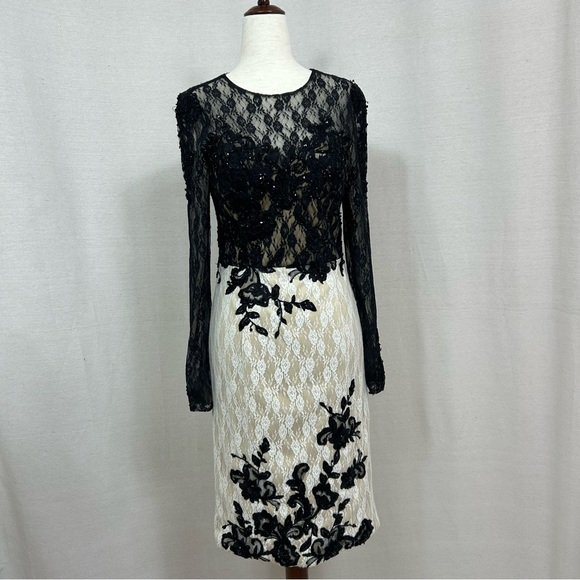 Mac Duggal Black and White Lace Long Sleeve Dress